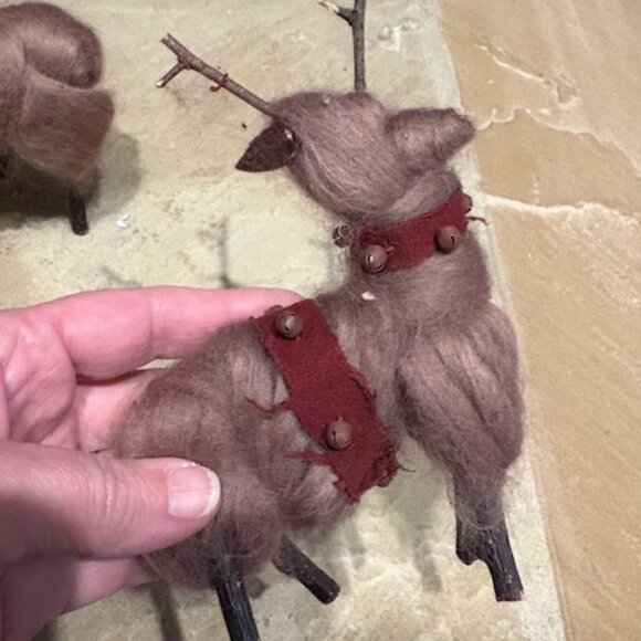 Pair of Whimsical Handmade Christmas Holiday Winter Rustic Reindeer with Bells - Picture 5 of 7